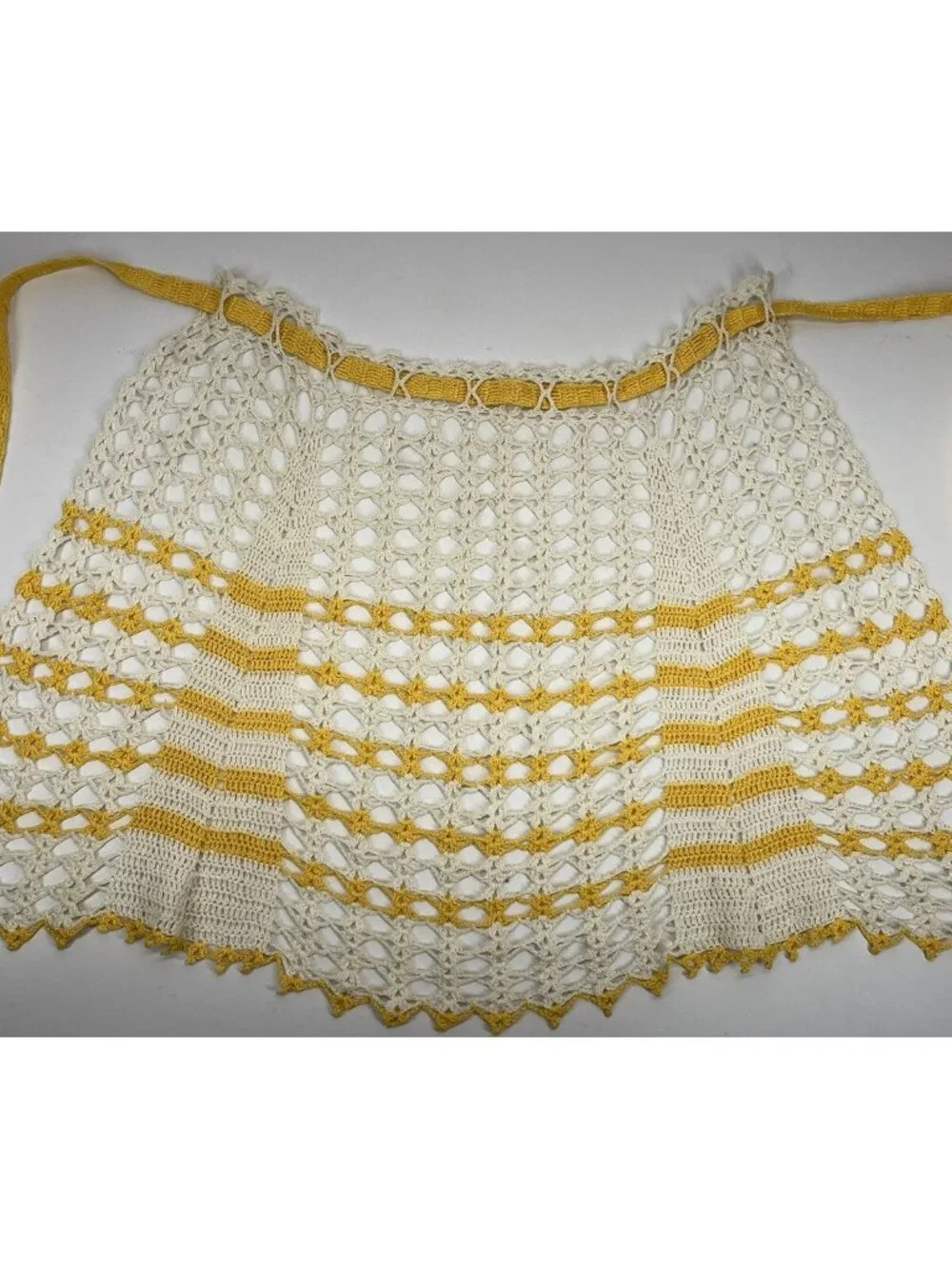 Vintage Crochet Half Apron Yellow Ivory Chevron Stripe Tie Back Halter Top